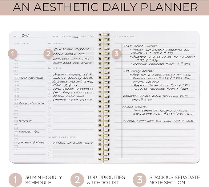 Beautiful Daily Planner And Notebook With Hourly Schedule - Aesthetic Spiral To do List Notepad to Easily Organize Your Tasks And Appointments - Stylish Book And School Or Office Supplies For Women