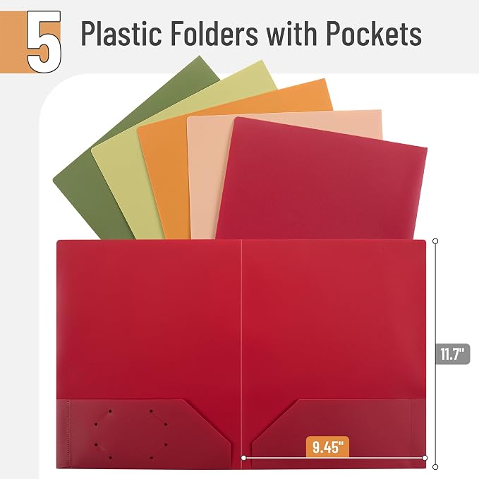 Mr. Pen- Plastic Folders with Pockets, 5 pcs, Aesthetic File Folder with Business Card Slot, 2-Pocket Folder, Back to School, Office, Filing Supplies