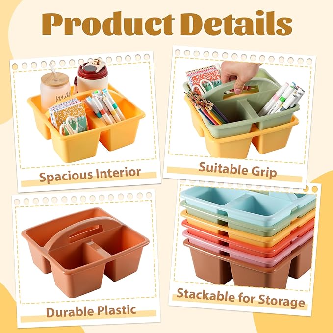 6 Pack 3 Compartment Small Caddy Plastic Classroom Organizer with Handle Portable Teacher Supply Storage Caddy Craft Art Caddies for Pencil, Crayon, Marker, Home, Office, School Supplies(Boho)