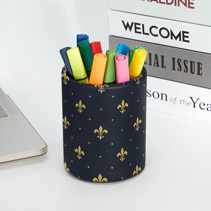 Large Capacity Golden Fleur De Lis Pattern Leather Pen Holder for Desk, Colored Pencil Holder Makeup Brush Holders, Desk Accessories & Workspace Organizers for Home, School & Office