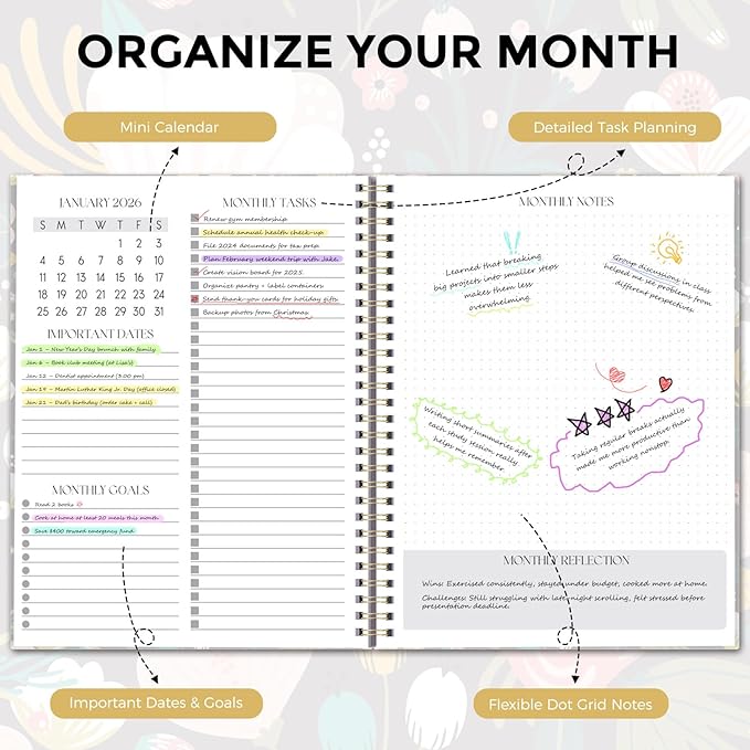 SKYDUE Monthly Planner 2026-2027, 24 Months Calendar Planner 2026-2027, 7.5" x 10" B5 Planner, Twin-wire Spiral Bound, Durable Waterproof Cover, Thick No-Bleed Paper, AbstractFloral