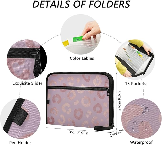 Rose Gold Leopard Expanding Accordion File Folder with 13 Pockets and Zipper Closure