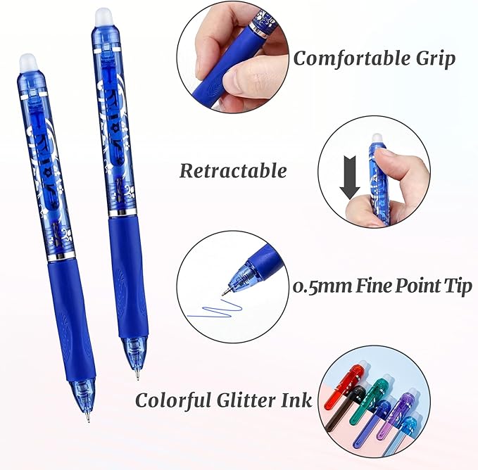 6 Pcs Retractable Erasable Pens, Colored Gel Blue Ink Pens Clicker with Erasers, 0.5mm Fine Point Smooth Writing Pen for Journaling Note-Taking Crossword Puzzles Supplies (Blue)