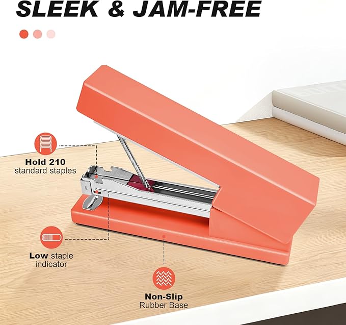 Stapler 25 Sheet Capacity with 830 Staples and Staple Remover, Full Strip Staplers for Desk, No Jam, Non-Slip for Office & School, Orange