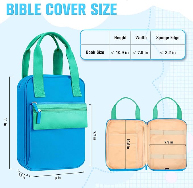 FINPAC Bible Cover Case Tote Bag Water-Resistant Bible Carrying Case Christian Gifts for Church Study Supplies, Blue