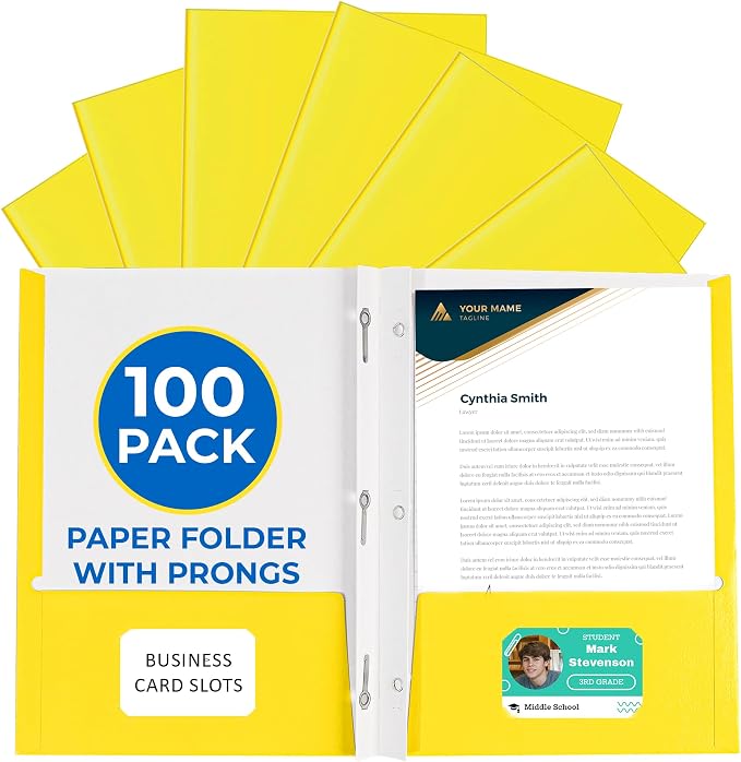100 Pack Yellow 2 Pocket Paper Folders. EPI Heavy Duty, Bulk Folders with Pockets, Prongs and Business Card Slots. Letter Size Document Organizers. Durable Portfolio for School, College, Office Files
