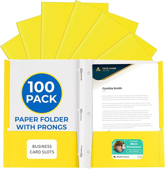 100 Pack Yellow 2 Pocket Paper Folders. EPI Heavy Duty, Bulk Folders with Pockets, Prongs and Business Card Slots. Letter Size Document Organizers. Durable Portfolio for School, College, Office Files