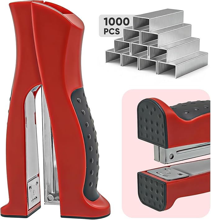 Stand-Up Stapler with 1000 Standard 1/4" Staples, Handheld Ergonomic Soft Grip 2-in-1 Vertical & Flat-Use Desktop Full Strip Stapler for Office, Home, School, Business & Classroom Supplies – Red
