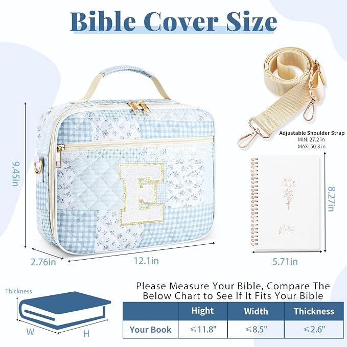 Personalized Initial Bible Cover Case for Women, Large Quilted Bible Bag with Durable Handle, Stylish Church Bag Journaling Kit with Study Supplies Accessories, Christians Gifts for Women (Spliced-E)