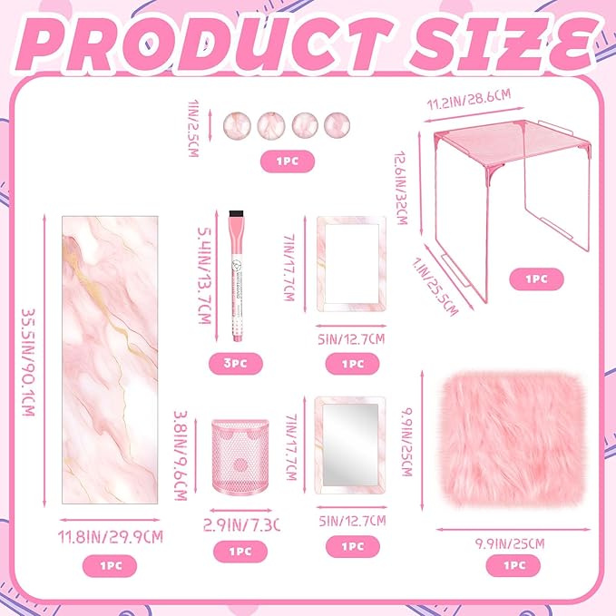 Pink Locker Accessories Kit Locker Organizer Magnetic Mirror Whiteboard Pen Holder Small Carpet for Storage Organizing Shelf Back to School Party Supply