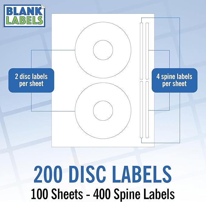 CD/DVD Label Full Face | Qty 200 Disc, 400 Spine | 100 Sheets Total | Permanent White Matte | Inkjet & Laser Printer Compatible | Customizable Printable Blank Labels | Blank Label