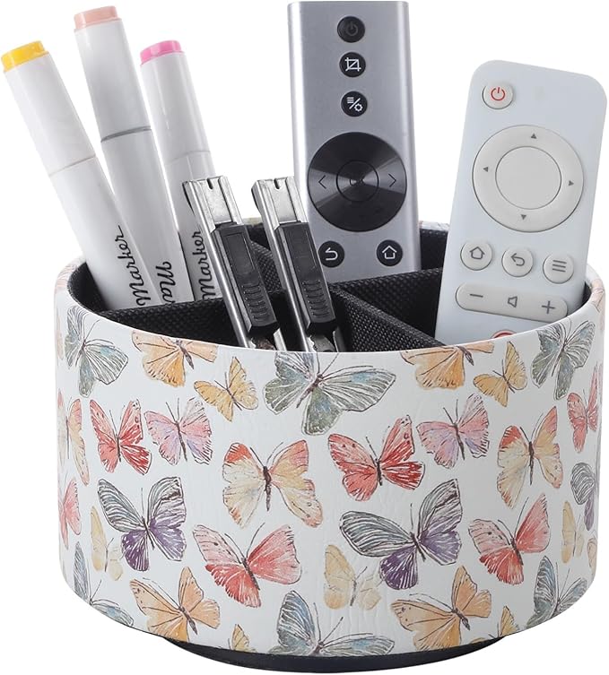 360 Degree Rotating Remote Control Holder for Table, PU Leather Spinning End Table Organizer Caddy, Cute Remote Control Caddy for Office Supplies, Makeup Brushes, Butterfly PH130