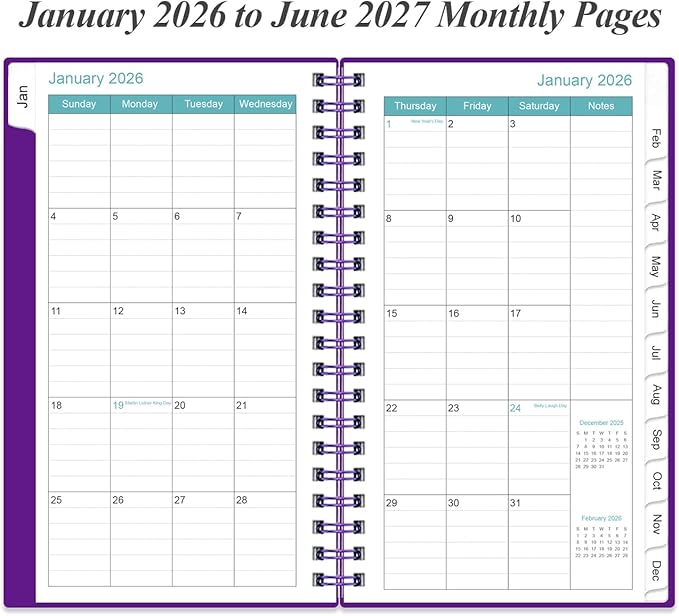 2026-2027 Monthly Planner - January 2026 - June 2027, Two Pages Per Month, 18 Monthly Calendar/Planner with Tabs, Strong Twin-Wire Binding, Inner Pocket, 3.75" x 6.5", Teal Flower