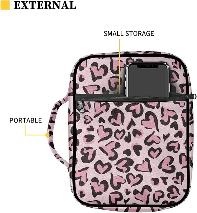 Coldinair Pink Love Leopard Print Bible Cover for Women Teens Kids,Durable Carrying Book Case Church Bag Bible Holder with Handle and Zippered Pocket