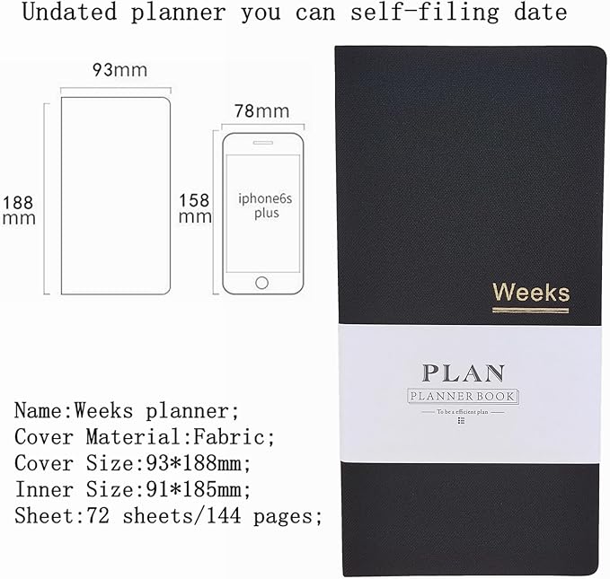 Undated Pocket Weekly Planner Schedule Organizer Agenda Year Month Week Plan A6 Notebooks (Dark black with clear cover)