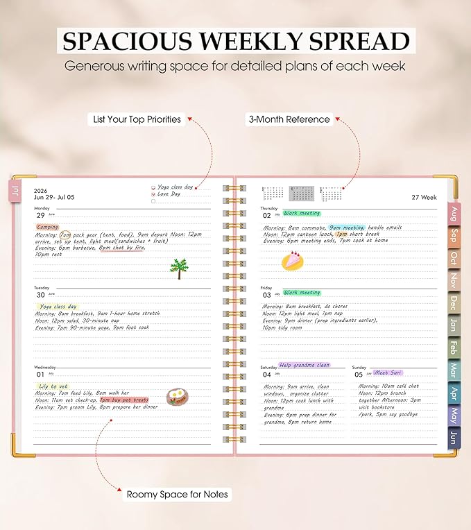 Academic Planner 2026-2027, Hardcover Leather Weekly and Monthly Calendar Planner from July 2026 - June 2027, A4 8.5" x 11" Daily Agenda with Tabs, College School Organizer for Student Teacher, Pink