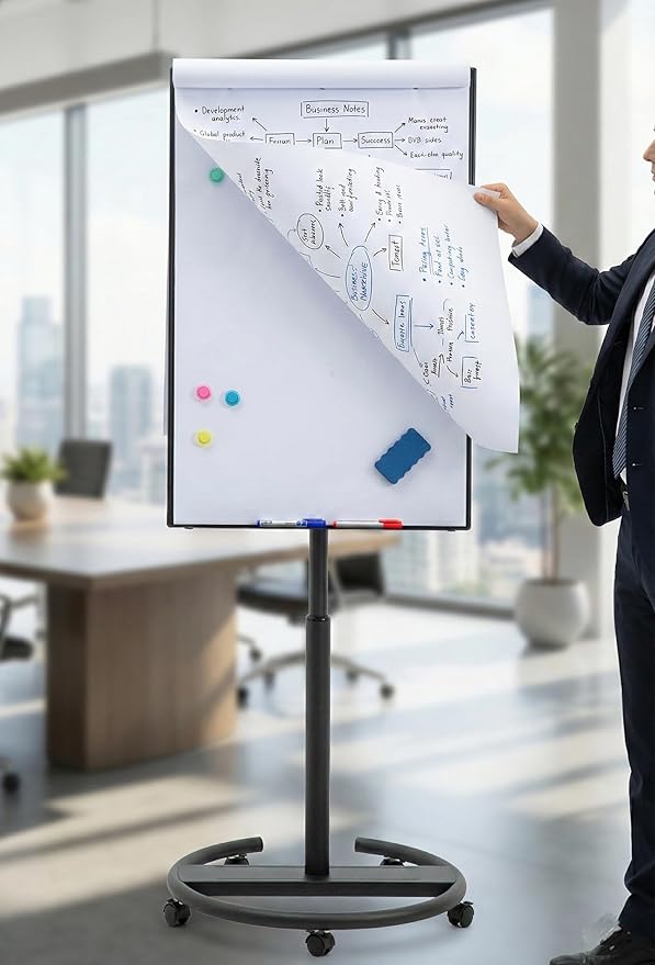 Black Mobile Whiteboard on Wheels 36 x 24 Inch-Rolling Magnetic Dry Erase Easel Board with Flipchart Paper Pad-Height Adjustable Standing Board for Meetings, Classes, Training, Workshops