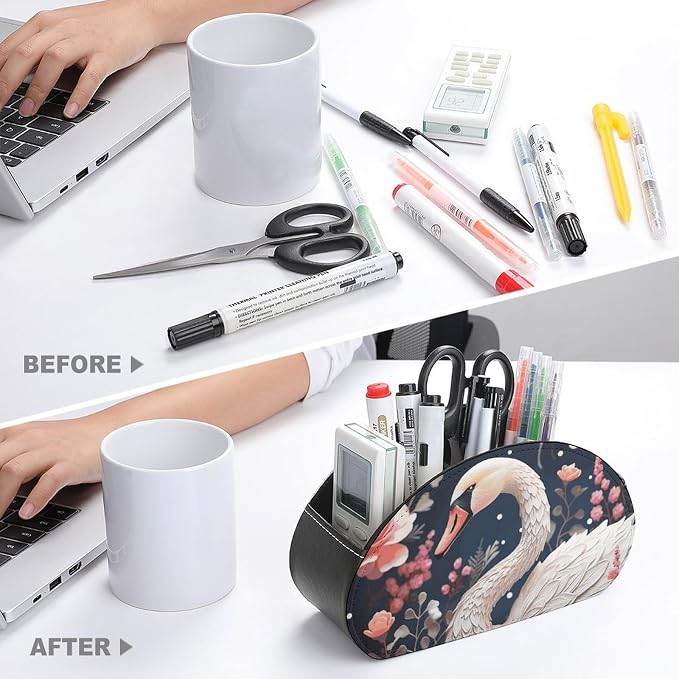 Floral Swan Remote Control Holder TV Remote Caddy with 5 Compartments PU Leather Storage Box Stylish Desk Organizer for TV/DVD/Accessories Desk Office Supplies Home
