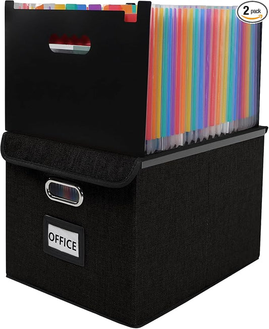File Organizer Box with Folder, 25 Pockets Accordion File Organizer with Colored Labels, Upgraded & Portable File Folders for Home, Office, School, Black