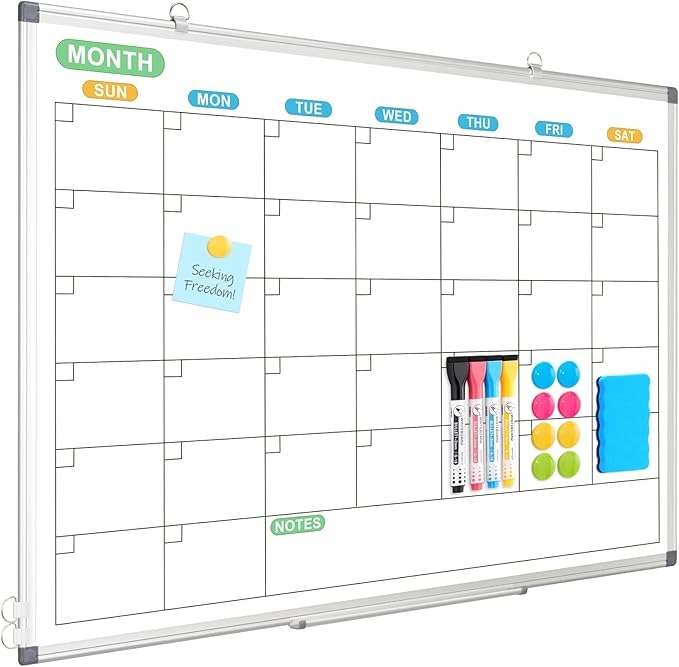 WALGLASS Dry Erase Calendar Whiteboard for Wall, 36" x 24" Double-Sided Monthly Calendar White Board with Silver Aluminum Frame, Hanging or Wall Mount Large Whiteboard for Home, Office, School