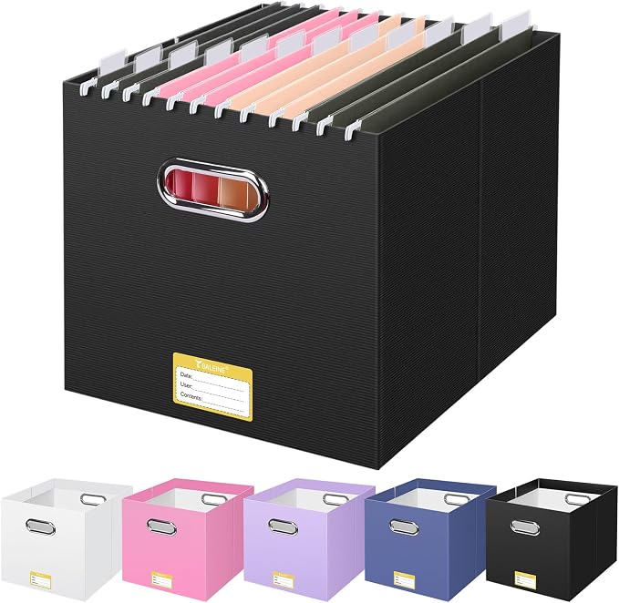 BALEINE File Organizer Box, Cardboard File Folder Organizer with Handle for Letter Size, Portable Collapsible Hanging Filing Box for Home Office Document Storage (1 Pack, Large Black)