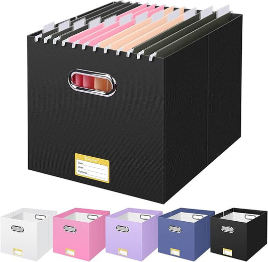 BALEINE File Organizer Box, Cardboard File Folder Organizer with Handle for Letter Size, Portable Collapsible Hanging Filing Box for Home Office Document Storage (1 Pack, Large Black)