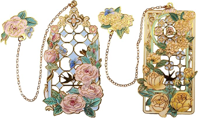 Metal Bookmarks - 2 PCS, Pretty & Beautiful, Yellow & Pink Rose Designs (BKM-043-002)