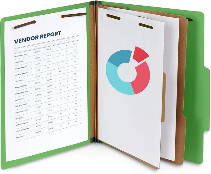 10 Green Classification Folders, 2 Divider, 2 Inch Expansions, Durable 2 Prongs Designed to Organize Standard Medical Files, Law Client Files, Office Reports, Letter Size, Green, 10 Pack
