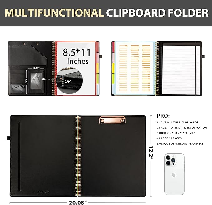 Ospelelf Clipboard with Storage for Men Women, Leather Padfolio Portfolio Organizer 5 Folders with 10 Pockets, Spiral Clipboard Folio with Notepad for Letter Size, Elastic Closure and Pen Loop Black