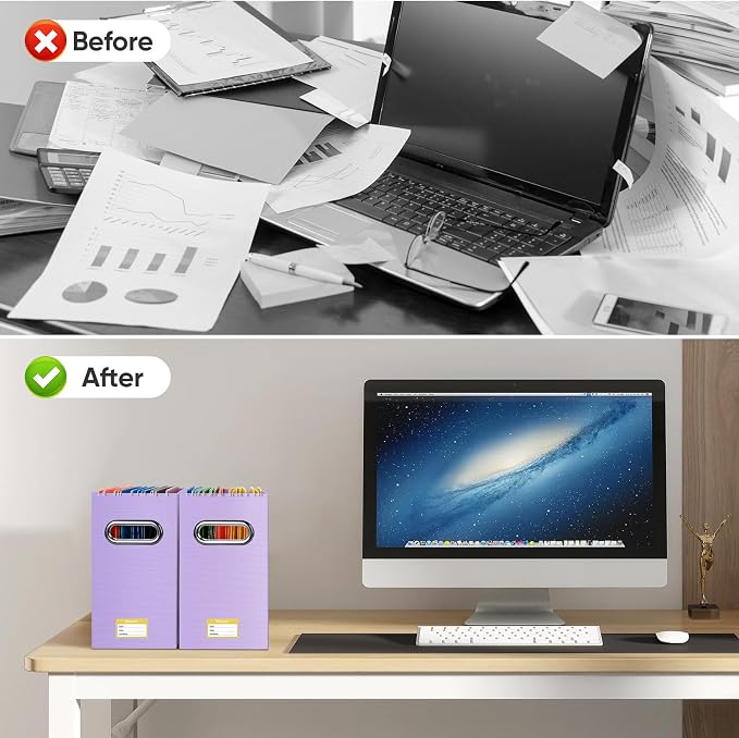 BALEINE File Organizer Box, Cardboard File Folder Organizer with Handle for Letter Size, Portable Collapsible Hanging Filing Box for Home Office Document Storage (1 Pack, Lavender)