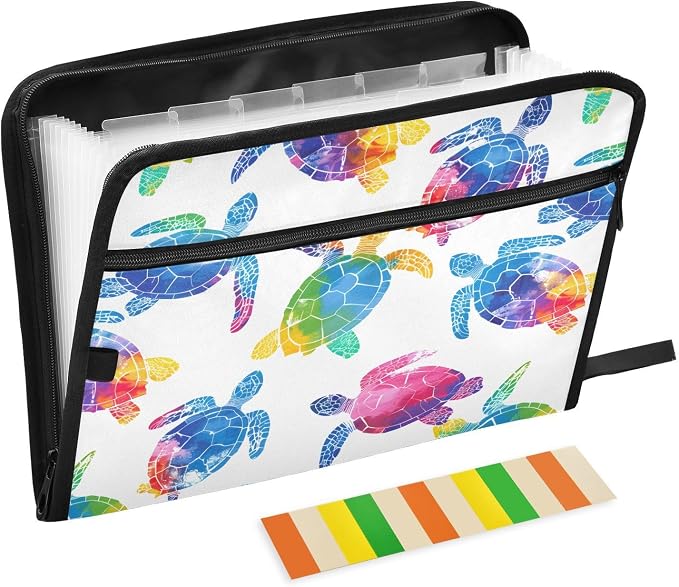 ALAZA Multicolor Watercolor Sea Turtle 13 Pocket Expanding File Folder with Labels, Accordion File Folder File Organizer Letter A4 Paper for Office School Student