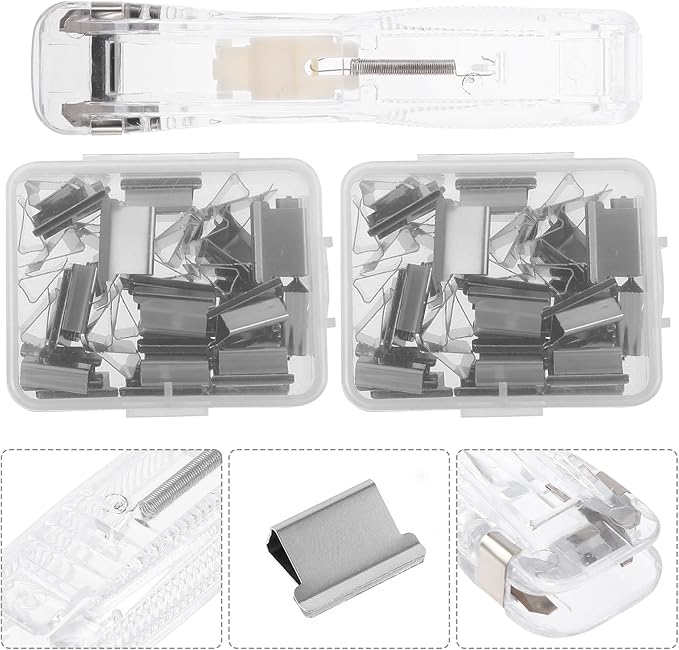 Reusable Desktop Stapler with Push Clip, Portable Paper Fastener Set Including 1 Stapler and 2 Plastic Clip Refills, Office and School Paper Binding Supplies