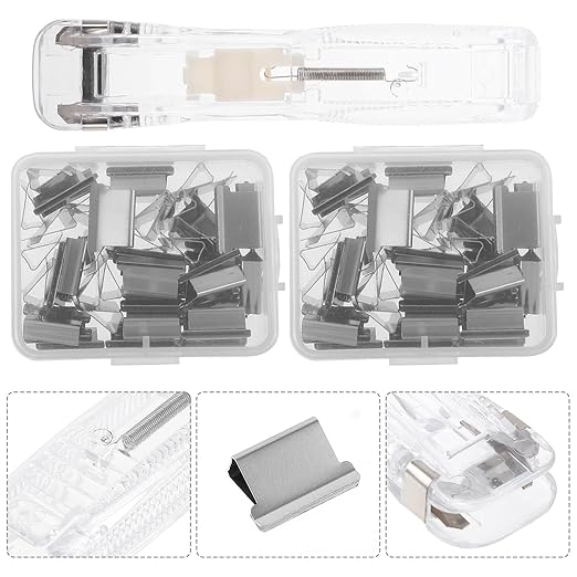 LALAFINA Reusable No-Staple Document Stapler Push Clip Set with 1 Bulk White Binder and 2 Plastic Refill Clips for Office Paper Binding and File Organization
