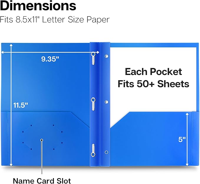 Dunwell Plastic Folders with 3 Prongs, (12 Pack, Blue), 2-Pocket Folders with Fasteners, Durable Acid-Free Poly for Long Term Use, Labels Included