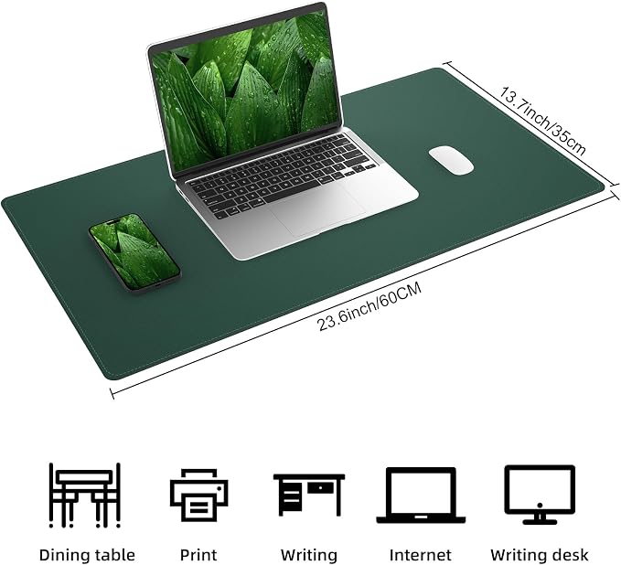 AFIING Cork Desk Mat, Dark Green, 23.6" x 13.7", Desk Pad Protector | Dual-Sided Cork & PU Leather, Non-Slip & Waterproof, Ideal for Laptop, Mouse & Small Desks