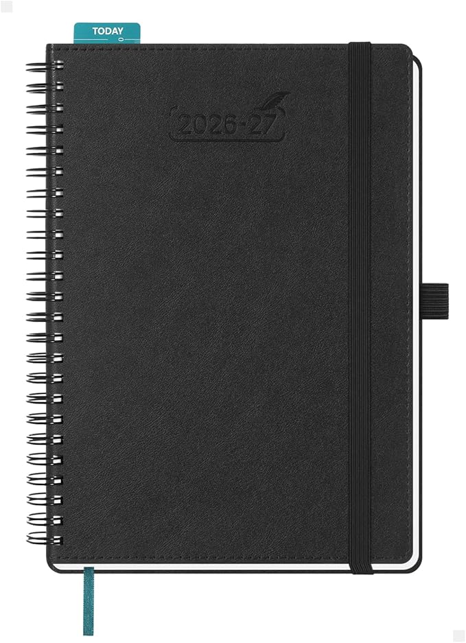 BEZEND Weekly Planner 2026-2027 (6" x 8.5") with Hourly Timeslots (Jul 26-Dec 27) 18 Months Academic Calendar & Monthly Tabs, for Students, Work & Home, Spiral PU Leather Softcover -Black
