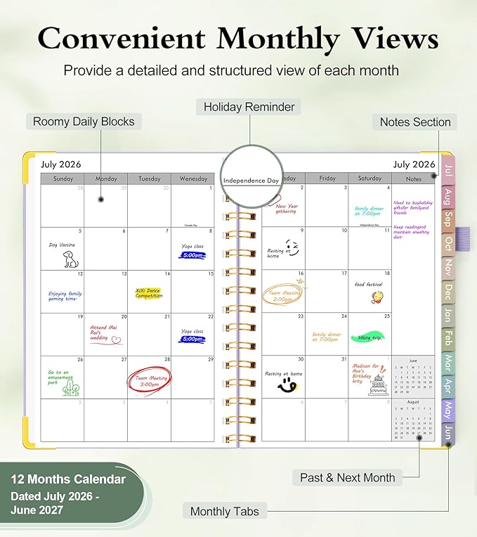 Academic Planner 2026-2027, Hardcover Weekly and Monthly Calendar Planner from July 2026 - June 2027, Daily Agenda Planners with Tabs, College School Organizer for Student Teacher, A5 (6.1" x 8.2"), Green