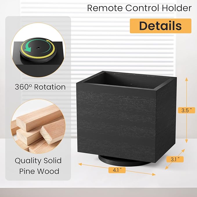 360° Rotating Remote Control Holder, Wooden TV Controller Holder, Remote Holder for Table, Desktop Caddy for Pen, Phone, Small Item Home Office School(Black)