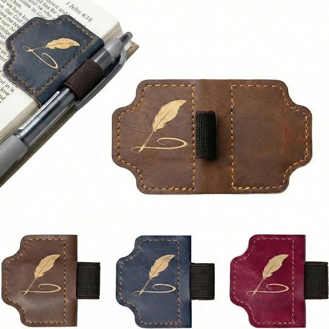 3-Pack Magnetic Leather Bookmarks for Bible, Thin Page Markers with Small Pen Loop, Laser Engraved Religious Christian Gifts for Women & Men, Vintage Leather Book Markers (Quill Pens)