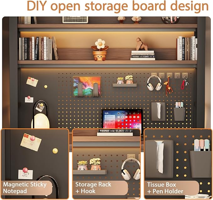 Desk Shelf Organizer for Top of Desk – Desktop Bookshelf with Pegboard & Storage Accessories, Adjustable Hutch for Dorm or Office, Steel Frame Display She Black frame + dark brown board 21.7*9.8*26in