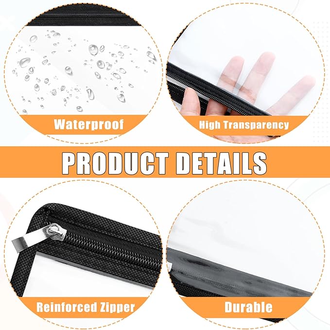 12 Pcs Clear Zipper Pouches, Multi Purpose Pouch Document File Organization Bags, Pencil Pouches, Envelopes Folder Storage for Document Storage, Office Supplies (Black Edgin,13 x 10.5 Inches)