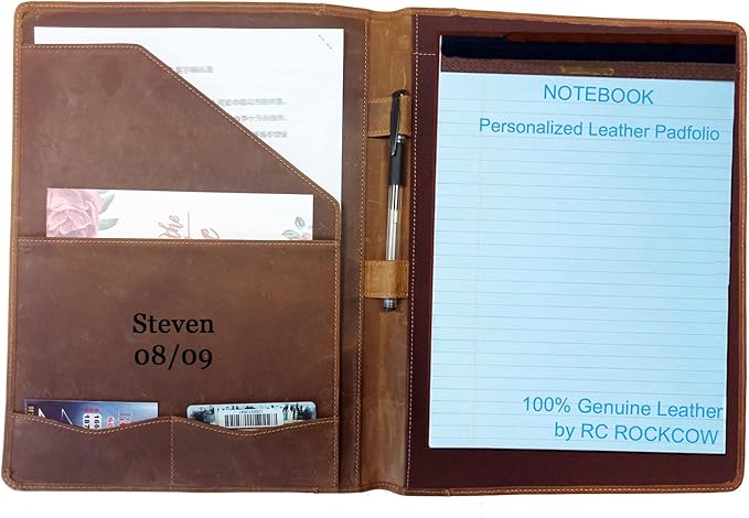 Leather Portfolio for Men, Personalized Leather Padfolio for Women, Genuine Leather Resume Folder Notepad Holder for A4/Pad, Folio Document Organizer, Legal Pad Business Portfolio Organizer