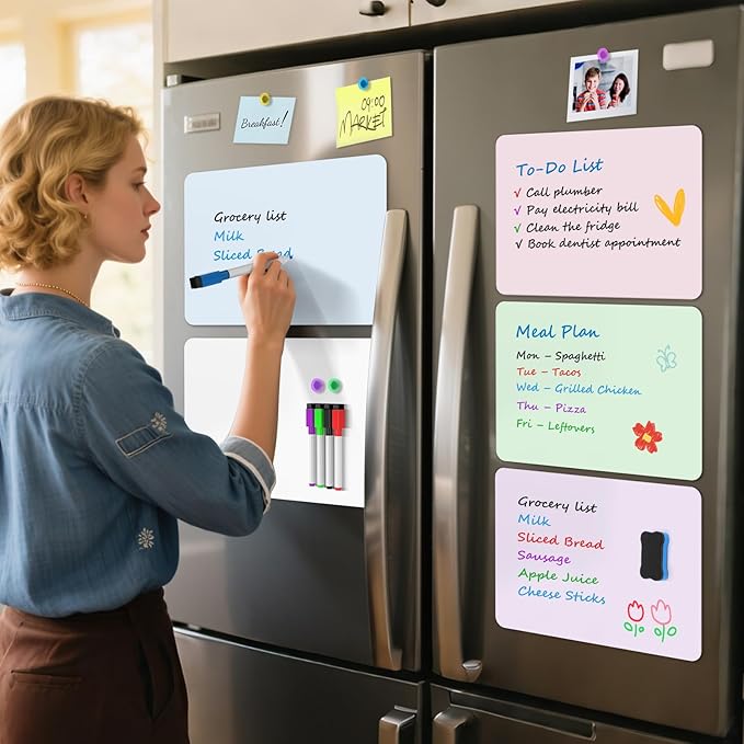 MaxGear 5 Pack Multicolor Fridge Whiteboard Magnetic, 12 x 8 Inch Dry Erase Board for Refrigerator, Reusable Kitchen Organizer, Colorful Planning Board, Includes 5 Markers, 5 Magnets and 1 Erase