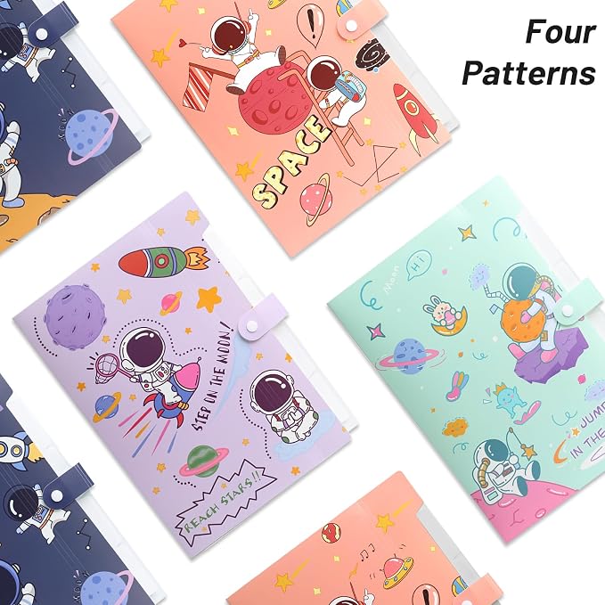 Cute File Folders, Expanding File Folders with 32 Labels, 5 Pocket File Organizer, Accordion File Organizer Letter Size for School, Office and Home - Astronaut Style Set of 4