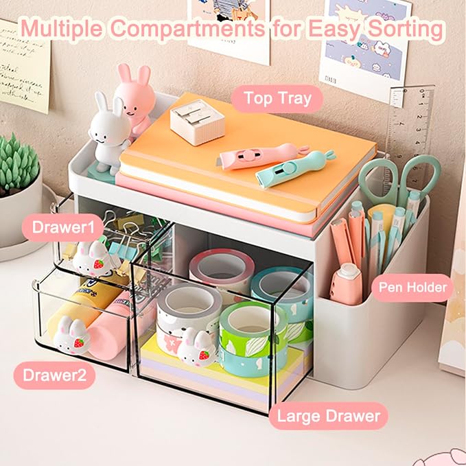 SAYEEC Desk Organizer with 3 Drawers and Pencil Pen holder, Multi-Functional Desktop Makeup Stationery Accessories Organizer, Desk Organization Storage Box Caddy for Office School Home Vanity Table