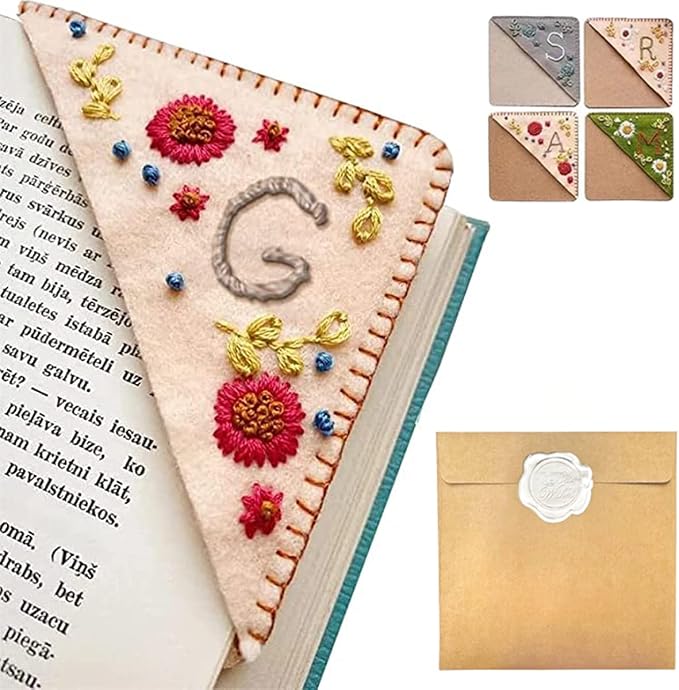 Personalized Hand Embroidered Corner Bookmark, 26 Letters Hand Stitched Felt Corner Letter Bookmark, Cute Flower Embroidery Bookmarks for Book Reading Lovers Meaningful Gift (Fall，G