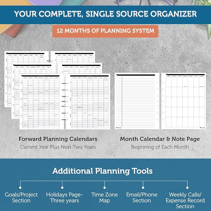 Planner Pad 7 Hole Loose Leaf 3-Tier Funnel Down 12 Month Medium Size Organizer, July 2026 – June 2027 / Academic Year Black Ink, 6 3/4" x 8 1/2"