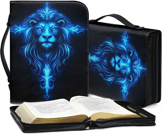 Lion Cross Bible Covers for Women Large Size PU Leather Bible Carrying Case with Handle Waterproof Bible Protector Portable Bible Organizer Bag