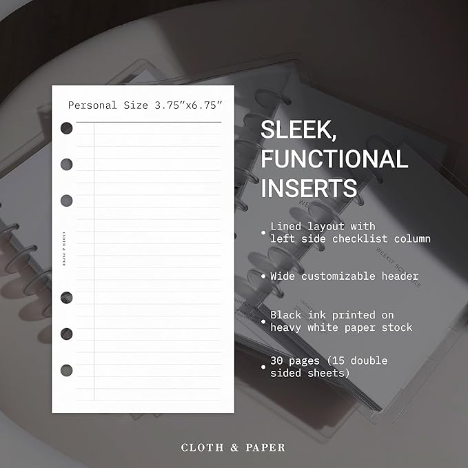 Cloth & Paper Task Planner Inserts – Personal Size 3.75 x 6.75 Inches | 6-Ring To-Do List 15 double sided Daily Planner Organizer | Minimalist Design | Premium Paper for Notes & Reminders
