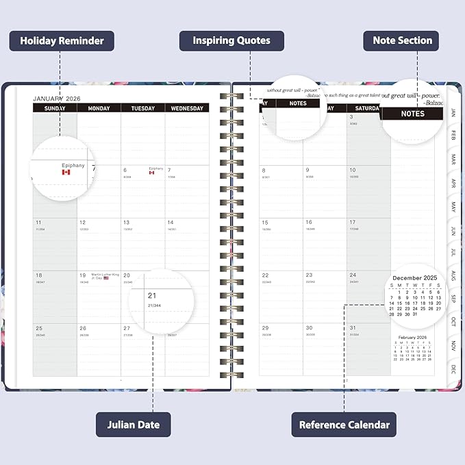 2026 Planner, Weekly and Monthly Calendar Planner, Academic Daily Agenda (Jan 2026 - Dec 2026), Hardcover Planning Notebook for Office Accessories and School Supplies, Blue Flower